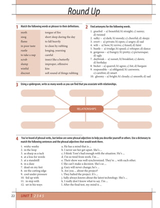 22
Round UpRound Up
UNIT 1 2 3 4 5
1 2
3
4
Match the following words or phrases to their definitions. Find antonyms for the following words.
gnarled – a) beautiful; b) straight; c) sunny;1.
d) twisted
sulky – a) dark; b) moody; c) cheerful; d) sleepy2.
overt – a) private; b) open; c) angry; d) sad3.
wilt – a) bow; b) revive; c) kneel; d) faint4.
bustle – a) trudge; b) speed; c) whisper; d) dance5.
gorgeous – a) hungry; b) pretty; c) picturesque;6.
d) ugly
daybreak – a) sunset; b) breakfast; c) dawn;7.
d) birthday
bicker – a) quarrel; b) agree; c) hit; d) bargain8.
responsible – a) obligated; b) careworn;9.
c) carefree; d) smart
gloomy – a) bright; b) cloudy; c) smooth; d) sad10.
Using a spidergram, write as many words as you can find that you associate with relationships.
You’ve heard of phrasal verbs, but below are some phrasal adjectives to help you describe yourself or others. Use a dictionary to
match the following sentences and the phrasal adjectives that would work there.
wishy-washy a. He has a mind that is ...1.
in the loop b. I never see her get upset. She’s ...2.
as sharp as a tack c. I think Tom’s had enough with the situation. He’s ...3.
at a loss for words d. I’m so tired from work. I’m ...4.
at a standstill e. Their show was well synchronized. They’re ... with each other.5.
in a daze f. She can’t make a decision. She’s so ...6.
dead on my feet g. Gary will never change; he’s ...7.
on the cutting edge h. Are you ... about the project?8.
cool under pressure i. They halted the project. It’s ...9.
fed up with j. Sally always knows about the latest technology. She’s ...10.
in step with k. I really don’t know what to say. I’m ...11.
set in his ways l. After the final test, my mind is ...12.
moth tongue of fire
snog short sleep during the day
flame to fall heavily
in poor taste to clean by rubbing
rustle longing, yearning
to take a nap careful
scrub insect like a butterfly
slump improper, offensive
wistful kiss
discreet soft sound of things rubbing
RELATIONSHIPS
 
