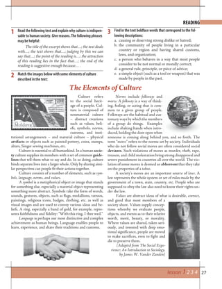 27
READING
Read the following text and explain why culture is indispen-
sable to human society. Give reasons. The following phrases
may be helpful:
Match the images below with some elements of culture
described in the text:
1 3
2
Culture refers
to the social herit-
age of a people. Cul-
ture is composed of
nonmaterial culture
– abstract creations
such as values, beli-
efs, symbols, norms,
customs, and insti-
tutional arrangements – and material culture – physical
artifacts or objects such as painted pottery, coins, stamps,
altars, Singer sewing machines, etc.
Culture is essential to all humankind. In a human socie-
ty culture supplies its members with a set of common guide-
lines that tell them what to say and do. In so doing, culture
binds separate lives into a larger whole. Only by sharing simi-
lar perspectives can people fit their actions together.
Culture consists of a number of elements, such as sym-
bols, language, norms, and values.
A symbol is a metaphorical object or image that stands
for something else, especially a material object representing
something more abstract. Symbols take the form of words,
sounds, gestures, objects, such as flags, medallions, tattoos,
paintings, religious icons, badges, clothing, etc. as well as
visual images and are used to convey various ideas and be-
liefs. A ring, especially a band of gold, for example, repre-
sents faithfulness and fidelity: “With this ring, I thee wed.”
Language is perhaps our most distinctive and complex
achievement as human beings. Language enables people to
learn, experience, and share their traditions and customs.
The Elements of Culture
Norms include folkways and
mores. A folkway is a way of think-
ing, feeling, or acting that is com-
mon to a given group of people.
Folkways are the habitual and cus-
tomarywaysbywhichthemembers
of a group do things. Examples
include shaking hands when intro-
duced, holding the door open when
someone is coming along behind you, and so forth. The
term “mores” refers to the norms set by society. Individuals
who do not follow social mores are often considered social
deviants. Such violations of mores as murder, theft, rape,
treason, and child molestation bring strong disapproval and
severe punishment in countries all over the world. The vio-
lation of some mores is deemed so abhorrent that they take
on the properties of a taboo.
A society’s mores are an important source of laws. A
law represents the whole system or set of rules made by the
government of a town, state, country, etc. People who are
supposed to obey the law also need to know their rights un-
der the law.
Values are abstract ideas of what is desirable, correct,
and good that most members of a
society share. Values supply concep-
tions whereby we evaluate people,
objects, and events as to their relative
worth, merit, beauty, or morality.
Where values are shared, taken seri-
ously, and invested with deep emo-
tional significance, people are moved
to make sacrifices, even to fight and
die to preserve them.
(Adapted from The Social Expe-
rience: An Introduction to Sociology,
by James W. Vander Zanden)
The title of the excerpt shows that…; the text deals
with…; the text shows that…; judging by this we can
say that…; the point of the reading is…; the attraction
of this reading lies in the fact that…; the end of the
reading is suggestive enough because… .
Find in the text boldface words that correspond to the fol-
lowing descriptions:
a. causing or deserving strong dislike or hatred;
b. the community of people living in a particular
country or region and having shared customs,
laws, and organization;
c. a person who behaves in a way that most people
consider to be not normal or morally correct;
d. a general rule, principle, or piece of advice;
e. a simple object (such as a tool or weapon) that was
made by people in the past.
lesson 1 2 3 4
 