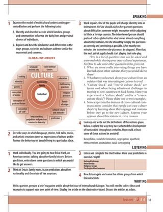 31lesson 1 2 3 4
WRITING
LISTENING
Work individually. You are going to hear Erica Ward, an
American senior, talking about her family history. Before
you listen, write down some questions to which you would
like to get answers.
Think of Erica’s family roots. Make predictions about her
nationality and the origin of her ancestors.
Listenandcompletethechartbelow.Wereyourpredictionsin
exercise2right?
Nationality Groups
Racial Groups
Religious Groups
The Origin of her Ancestors
Now listen again and name the ethnic groups from which
Erica descends.
1
2
4
With a partner, prepare a brief magazine article about the issue of intercultural dialogue. You will need to collect ideas and
examples to support your own point of view. Display the article on the class notice-board. Discuss the articles as a class.
3
SPEAKING
Examine the model of multicultural understanding pre-
sented below and perform the following tasks:
1. Identify and describe ways in which families, groups
and communities influence the daily lives and personal
choices of individuals.
2. Explore and describe similarities and differences in the
ways groups, societies and cultures address similar hu-
man needs and concerns.
Look up and write out the definitions of the notions given
below. Explore the way they have affected the development
of humankind throughout centuries. How could at least
some of these actions be avoided?
Xenophobia, racial discrimination, segregation, apartheid,
ethnocentrism, assimilation, racial stereotyping
Decsribe ways in which language, stories, folk tales, music,
and artistic creations serve as expressions of culture and in-
fluence the behaviour of people living in a particular place.
1
4
2
3
GLOBAL INFLUENCES
child rearing
practices
religious
practices
family
of origin
cultural values
and attitudes
long-standing
prejudices and practices
counter to diversity
cooking
games
conception
of justice
conception of
past and future
conception
of “self”
ethnicity
profession
CULTURE
language
and the arts
socio-political
factors
education
Individual
Family
Community
Work in pairs. One of the pupils will change identity into an
interviewer. He/she should ask his/her partner questions
about difficulties someone might encounter while adjusting
to life in a foreign country. The interviewed person should
pretend to be a globetrotter who knows almost everything
aboutothercultures.He/sheshouldtrytoreplythequestions
ascorrectlyandconvincingaspossible.Afterexactlytwo
minutes the interview role-play must be stopped. Afterthat,
thenextpairofpupilsshouldstartplayingtheirrole-play.
Here is a list of questions that can be asked and
answered while sharing your cross-cultural experiences.
Feel free to add some other questions to the given list.
1. What are some really interesting things you have
learned about other cultures that you would like to
share?
2. What have you learned about your culture from an
outsider that was interesting or curious to you?
3. “Culture shock” and “reverse culture shock” are
terms used when facing adjustment challenges in
moving to new countries or back home. Have you
experienced a “culture shock” and/or a “reverse
culture shock”? Please share one or two examples.
4. Some experts in the domain of cross-cultural com-
munication consider that people can ease culture
shock by learning about the language and customs
before they go to the new culture. Express your
opinion about this statement. Give reasons.
 