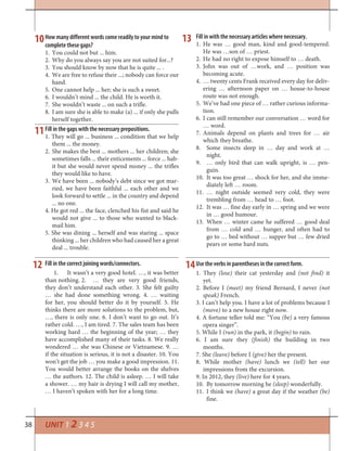 38 UNIT 1 2 3 4 5
How many different words come readily to your mind to
complete these gaps?
1. You could not but ... him.
2. Why do you always say you are not suited for...?
3. You should know by now that he is quite ... .
4. We are free to refuse their ...; nobody can force our
hand.
5. One cannot help ... her; she is such a sweet.
6. I wouldn’t mind ... the child. He is worth it.
7. She wouldn’t waste ... on such a trifle.
8. I am sure she is able to make (a) ... if only she pulls
herself together.
Fill in the gaps with the necessary prepositions.
1. They will go ... business ... condition that we help
them ... the money.
2. She makes the best ... mothers ... her children; she
sometimes falls ... their enticements ... force ... hab-
it but she would never spend money ... the trifles
they would like to have.
3. We have been ... nobody’s debt since we got mar-
ried, we have been faithful ... each other and we
look forward to settle ... in the country and depend
... no one.
4. He got red ... the face, clenched his fist and said he
would not give ... to those who wanted to black-
mail him.
5. She was dining ... herself and was staring ... space
thinking ... her children who had caused her a great
deal ... trouble.
10 Fill in with the necessary articles where necessary.
He was … good man, kind and good-tempered.1.
He was …son of … priest.
He had no right to expose himself to … death.2.
John was out of …work, and … position was3.
becoming acute.
… twenty cents Frank received every day for deliv-4.
ering … afternoon paper on … house-to-house
route was not enough.
We’ve had one piece of … rather curious informa-5.
tion.
I can still remember our conversation … word for6.
… word.
Animals depend on plants and trees for … air7.
which they breathe.
Some insects sleep in … day and work at …8.
night.
… only bird that can walk upright, is … pen-9.
guin.
It was too great … shock for her, and she imme-10.
diately left … room.
… night outside seemed very cold, they were11.
trembling from … head to … foot.
It was … fine day early in … spring and we were12.
in … good humour.
When … winter came he suffered … good deal13.
from … cold and … hunger, and often had to
go to … bed without … supper but … few dried
pears or some hard nuts.
13
12 14
11
Fill in the correct joining words/connectors.
It wasn’t a very good hotel. …, it was better1.
than nothing. 2. … they are very good friends,
they don’t understand each other. 3. She felt guilty
… she had done something wrong. 4. … waiting
for her, you should better do it by yourself. 5. He
thinks there are more solutions to the problem, but,
…, there is only one. 6. I don’t want to go out. It’s
rather cold. …, I am tired. 7. The sales team has been
working hard … the beginning of the year; … they
have accomplished many of their tasks. 8. We really
wondered … she was Chinese or Vietnamese. 9. …
if the situation is serious, it is not a disaster. 10. You
won’t get the job … you make a good impression. 11.
You would better arrange the books on the shelves
… the authors. 12. The child is asleep. … I will take
a shower. … my hair is drying I will call my mother,
… I haven’t spoken with her for a long time.
Use the verbs in parentheses in the correct form.
1. They (lose) their cat yesterday and (not find) it
yet.
2. Before I (meet) my friend Bernard, I never (not
speak) French.
3. I can’t help you. I have a lot of problems because I
(move) to a new house right now.
4. A fortune teller told me: “You (be) a very famous
opera singer”.
5. While I (run) in the park, it (begin) to rain.
6. I am sure they (finish) the building in two
months.
7. She (leave) before I (give) her the present.
8. While mother (have) lunch we (tell) her our
impressions from the excursion.
9. In 2012, they (live) here for 4 years.
By tomorrow morning he10. (sleep) wonderfully.
I think we11. (have) a great day if the weather (be)
fine.
 