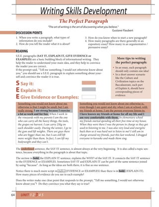 64
Writing Skills DevelopmentWriting Skills Development
The Perfect Paragraph
UNIT 1 2 3 4 5
DISCUSSION POINTS
READING
“The art of writing is the art of discovering what you believe.”
Gustave Flaubert
When you write a paragraph, what types of1.
information do you include?
How do you tell the reader what it is about?2.
S Say it:
E Explain it:
E Give Evidence or Examples:
S.E.E. paragraphs (SAY IT, EXPLAIN IT, GIVE EVIDENCE or
EXAMPLES) are a basic building block of informational writing. They
help the reader to understand your main idea, and they help to convince
the reader you are correct.
If the prompt said, “Tell me something, I would not otherwise know about
you,” you should use a S.E.E. paragraph to explain something about your-
self and convince the reader it is true.
Something you would not know about me otherwise is,
even though I am quiet and shy when I am at school, with
my friends at home, I am the person everyone listens to.
I have known my friends at home for all my life and I
am very comfortable with them. In elementary school
my friends started spending all their free time at my house.
When they were there I was the person in charge so they got
used to listening to me. I was also very loud and energetic
back then so it was hard not to listen to me! I still am in
charge around my friends, just this last weekend, I dragged
everyone to karaoke and made them sing.
More tips to writing
the perfect paragraph:
In an essay, each paragraph
should only contain one idea!
In a short answer scenario
like the Culture and
Civilization topics on the
Baccalaureate, each part
of Explain it, should have
corresponding pieces of
evidence.
How do you know when to start a new paragraph?3.
How many paragraphs are there generally in an4.
expository essay? How many in an argumentative /
persuasive essay?
Something you would not know about me
otherwise is that I might be small, but I am
really strong. I am strong because I exercise
a lot as work and for fun. When I work in
the vineyards with my parents I am the one
who can carry all the heavy things, the tools,
the grapes we harvest. I can carry 25kg on
each shoulder easily. During the winter, I go to
the gym and lift weights. There are guys there
who are bigger than me, but I can still lift
more weight than them. In fact, I can lift my
bodyweight and they can’t.
The underlined sentence, the SAY IT sentence, is almost always at the very beginning. It is also called a topic sen-
tence, because everything in the paragraph is about that topic.
The section in bold, the EXPLAIN IT sentence, explains the WHY? of the SAY IT. It connects the SAY IT sentence
to the EVIDENCE or EXAMPLES. Sometimes SAY IT and EXPLAIN IT can be part of the same sentence joined
by using “because”. As long as the ideas are both there, it is fine as one sentence.
Notice there is much more script in italics (EVIDENCE or EXAMPLES) than there is in bold. (EXPLAIN IT).
How many pieces of evidence do you see in each example?
Does the writer make one clear point that responds to the prompt, “Tell me something, I would not otherwise
know about you”? Do they convince you what they say is true?
 