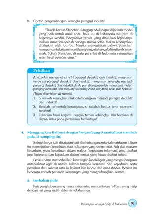 b. Contoh pengembangan kerangka paragraf induktif

               “Tokoh kartun Shinchan dianggap tidak dapat dijadikan model
           yang baik untuk anak-anak, baik itu di Indonesia maupun di
           negerinya sendiri. Banyaknya protes yang ditujukan kepadanya
           melalui surat pembaca di berbagai media cetak. Hal itu kebanyakan
           dilakukan oleh ibu-ibu. Mereka menyatakan bahwa Shinchan
           mempunyai kelakuan negatif yang ternyata banyak diikuti oleh anak-
           anak. Tokoh Shinchan, di mata para ibu di Indonesia merupakan
           setan kecil penebar virus.”


       Pelatihan
       Anda telah mengenal ciri-ciri paragraf deduktif dan induktif, menyusun
       kerangka paragraf deduktif dan induktif, menyusun kerangka menjadi
       paragraf deduktif dan induktif. Anda pun dianggap telah menguasai materi
       paragraf deduktif dan induktif sekarang coba kerjakan soal-soal berikut!
       (Tugas dikerjakan di rumah)
       1. Susunlah kerangka untuk dikembangkan menjadi paragraf deduktif
           dan induktif!
       2. Setelah terbentuk kerangkanya, tulislah kedua jenis paragraf
           tersebut!
       3. Tukarkan hasil kerjamu dengan teman sebangku, lalu bacakan di
           depan kelas pada pertemuan berikutnya!



4. Menggunakan Kalimat dengan Penyambung Antarkalimat (tambah
   pula, di samping itu)
        Sebuah karya tulis dikatakan baik jika hubungan antarkalimat dalam tulisan
   itu menunjukkan kepaduan atau hubungan yang sangat erat. Ada dua macam
   kepaduan, yaitu kepaduan dalam makna (kepaduan informasi) atau disebut
   juga koherensi dan kepaduan dalam bentuk yang biasa disebut kohesi.
       Penulis harus memerhatikan keterangan-keterangan yang menghubungkan
   antarkalimat agar di antara kalimat tampak kesatuan dan kepaduan, serta
   peralihan dari kalimat satu ke kalimat lain lancar dan enak dibaca. Berikut ini
   beberapa contoh penanda keterangan yang menghubungkan kalimat.

   a. tambahan pula
      Kata penghubung yang menguraikan atau menceritakan hal baru yang mirip
   dengan hal yang sudah dibahas sebelumnya.



                                         Paradigma Tenaga Kerja di Indonesia   91
 