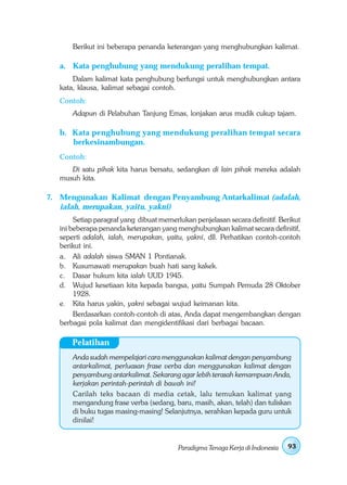 Berikut ini beberapa penanda keterangan yang menghubungkan kalimat.

   a. Kata penghubung yang mendukung peralihan tempat.
       Dalam kalimat kata penghubung berfungsi untuk menghubungkan antara
   kata, klausa, kalimat sebagai contoh.
   Contoh:
       Adapun di Pelabuhan Tanjung Emas, lonjakan arus mudik cukup tajam.

   b. Kata penghubung yang mendukung peralihan tempat secara
      berkesinambungan.
   Contoh:
      Di satu pihak kita harus bersatu, sedangkan di lain pihak mereka adalah
   musuh kita.

7. Mengunakan Kalimat dengan Penyambung Antarkalimat (adalah,
   ialah, merupakan, yaitu, yakni)
        Setiap paragraf yang dibuat memerlukan penjelasan secara definitif. Berikut
   ini beberapa penanda keterangan yang menghubungkan kalimat secara definitif,
   seperti adalah, ialah, merupakan, yaitu, yakni, dll. Perhatikan contoh-contoh
   berikut ini.
   a. Ali adalah siswa SMAN 1 Pontianak.
   b. Kusumawati merupakan buah hati sang kakek.
   c. Dasar hukum kita ialah UUD 1945.
   d. Wujud kesetiaan kita kepada bangsa, yaitu Sumpah Pemuda 28 Oktober
        1928.
   e. Kita harus yakin, yakni sebagai wujud keimanan kita.
        Berdasarkan contoh-contoh di atas, Anda dapat mengembangkan dengan
   berbagai pola kalimat dan mengidentifikasi dari berbagai bacaan.

       Pelatihan
       Anda sudah mempelajari cara menggunakan kalimat dengan penyambung
       antarkalimat, perluasan frase verba dan menggunakan kalimat dengan
       penyambung antarkalimat. Sekarang agar lebih terasah kemampuan Anda,
       kerjakan perintah-perintah di bawah ini!
       Carilah teks bacaan di media cetak, lalu temukan kalimat yang
       mengandung frase verba (sedang, baru, masih, akan, telah) dan tuliskan
       di buku tugas masing-masing! Selanjutnya, serahkan kepada guru untuk
       dinilai!


                                          Paradigma Tenaga Kerja di Indonesia   93
 