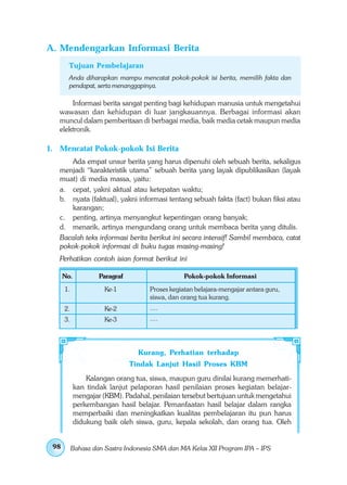 A. Mendengarkan Informasi Berita
        Tujuan Pembelajaran
        Anda diharapkan mampu mencatat pokok-pokok isi berita, memilih fakta dan
        pendapat, serta menanggapinya.

       Informasi berita sangat penting bagi kehidupan manusia untuk mengetahui
   wawasan dan kehidupan di luar jangkauannya. Berbagai informasi akan
   muncul dalam pemberitaan di berbagai media, baik media cetak maupun media
   elektronik.

1. Mencatat Pokok-pokok Isi Berita
      Ada empat unsur berita yang harus dipenuhi oleh sebuah berita, sekaligus
   menjadi “karakteristik utama” sebuah berita yang layak dipublikasikan (layak
   muat) di media massa, yaitu:
   a. cepat, yakni aktual atau ketepatan waktu;
   b. nyata (faktual), yakni informasi tentang sebuah fakta (fact) bukan fiksi atau
      karangan;
   c. penting, artinya menyangkut kepentingan orang banyak;
   d. menarik, artinya mengundang orang untuk membaca berita yang ditulis.
   Bacalah teks informasi berita berikut ini secara intensif! Sambil membaca, catat
   pokok-pokok informasi di buku tugas masing-masing!
   Perhatikan contoh isian format berikut ini

      No.           Paragraf                     Pokok-pokok Informasi
      1.              Ke-1           Proses kegiatan belajara-mengajar antara guru,
                                     siswa, dan orang tua kurang.
      2.              Ke-2           ....
      3.              Ke-3           ....




                                 Kurang, Perhatian terhadap
                               Tindak Lanjut Hasil Proses KBM
                Kalangan orang tua, siswa, maupun guru dinilai kurang memerhati-
            kan tindak lanjut pelaporan hasil penilaian proses kegiatan belajar-
            mengajar (KBM). Padahal, penilaian tersebut bertujuan untuk mengetahui
            perkembangan hasil belajar. Pemanfaatan hasil belajar dalam rangka
            memperbaiki dan meningkatkan kualitas pembelajaran itu pun harus
            didukung baik oleh siswa, guru, kepala sekolah, dan orang tua. Oleh


 98        Bahasa dan Sastra Indonesia SMA dan MA Kelas XII Program IPA – IPS
 