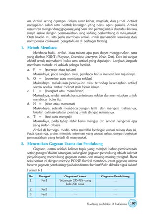an. Artikel sering dijumpai dalam surat kabar, majalah, dan jurnal. Artikel
  merupakan salah satu bentuk karangan yang berisi opini penulis. Artikel
  umumnya mengandung gagasan yang baru dan penting untuk diketahui karena
  isinya sesuai dengan permasalahan yang sedang berkembang di masyarakat.
  Oleh karena itu, kita perlu membaca artikel untuk menambah wawasan dan
  memperluas cakrawala pengetahuan di berbagai bidang.

1. Metode Membaca
      Membaca buku, artikel, atau tulisan apa pun dapat menggunakan cara
  yang disebut POINT (Purpose, Overview, Interpret, Note, Test). Cara ini sangat
  efektif untuk memahami buku atau artikel yang dipelajari. Langkah-langkah
  membaca metode ini adalah sebagai berikut.
  a. P = (purpose atau tujuan)
      Maksudnya, pada langkah awal, pembaca harus menentukan tujuannya.
  b. O = (overview atau membaca sekilas)
      Maksudnya, melakukan peninjauan awal terhadap keseluruhan artikel
      secara sekilas untuk melihat garis besar isinya.
  c. I     = (interpret atau menafsirkan)
      Maksudnya, setelah melakukan peninjauan sekilas dan memutuskan untuk
      membaca buku itu.
  d. N = (note atau mencatat)
      Maksudnya, setelah membaca dengan teliti dan mengerti maknanya,
      buatlah catatan-catatan penting untuk diingat selamanya.
  e. T = (test atau menguji)
      Maksudnya, pada tahap akhir harus menguji diri sendiri mengenai apa
      yang sudah dibaca.
      Artikel di berbagai media cetak memiliki berbagai variasi tulisan dan isi.
  Pada dasarnya, artikel memiliki informasi yang aktual terkait dengan berbagai
  permasalahan yang terjadi di masyarakat.
2. Menemukan Gagasan Utama dan Pendukung
       Gagasan utama adalah kalimat topik yang menjadi bahan pembicaraan
  setiap paragraf dalam karangan, sedangkan gagasan pendukung adalah kalimat
  penjelas yang mendukung gagasan utama dari masing-masing paragraf. Baca
  teks berikut ini dengan metode POINT! Sambil membaca, catat gagasan utama
  beserta gagasan pendukungnya dalam format berikut! Salin di buku tugas kalian!
  Format 6.1
   No.    Paragraf         Gagasan Utama               Gagasan Pendukung
    1.     Ke-1         Sebanyak 535-825 ruang                ....
                            kelas SD rusak
    2.      Ke-2                  ....                           ....
    3.      Ke-3                  ....                           ....


                                            Kualitas Pendidikan di Indonesia   107
 