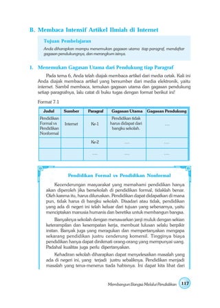 B. Membaca Intensif Artikel Ilmiah di Internet
      Tujuan Pembelajaran
      Anda diharapkan mampu menemukan gagasan utama tiap paragraf, mendaftar
      gagasan pendukungnya, dan merangkum isinya.


1. Menemukan Gagasan Utama dari Pendukung tiap Paragraf
        Pada tema 6, Anda telah diajak membaca artikel dari media cetak. Kali ini
   Anda diajak membaca artikel yang bersumber dari media elektronik, yaitu
   internet. Sambil membaca, temukan gagasan utama dan gagasan pendukung
   setiap paragrafnya, lalu catat di buku tugas dengan format berikut ini!

   Format 7.1
     Judul       Sumber     Paragraf    Gagasan Utama        Gagasan Pendukung
    Pendidikan                           Pendidikan tidak
    Formal vs    Internet     Ke-1      harus didapat dari          ....
    Pendidikan                           bangku sekolah.
    Nonformal

                              Ke-2              ....                ....

                              ....              ....                ....




                   Pendidikan Formal vs Pendidikan Nonformal
           Kecenderungan masyarakat yang memahami pendidikan hanya
       akan diperoleh jika bersekolah di pendidikan formal, tidaklah benar.
       Oleh karena itu, harus diluruskan. Pendidikan dapat didapatkan di mana
       pun, tidak harus di bangku sekolah. Disadari atau tidak, pendidikan
       yang ada di negeri ini telah keluar dari tujuan yang sebenarnya, yaitu
       menciptakan manusia humanis dan beretika untuk membangun bangsa.
            Banyaknya sekolah dengan menawarkan janji muluk dengan sekian
       keterampilan dan kesempatan kerja, membuat lulusan selalu berpikir
       instan. Banyak juga yang meragukan dan mempertanyakan mengapa
       sekarang pendidikan justru cenderung komersil. Tingginya biaya
       pendidikan hanya dapat dinikmati orang-orang yang mempunyai uang.
       Padahal kualitas juga perlu dipertanyakan.
           Kehadiran sekolah diharapkan dapat menyelesaikan masalah yang
       ada di negeri ini, yang terjadi justru sebaliknya. Pendidikan menjadi
       masalah yang terus-menerus tiada habisnya. Ini dapat kita lihat dari



                                       Membangun Bangsa Melalui Pendidikan   117
 