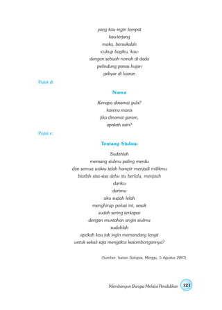 yang kau ingin lompat
                             kau terjang
                         maka, bersukalah
                        -cukup bagiku, kau-
                   dengan sebuah rumah di dada
                      pelindung panas hujan
                          gebyar di luaran
Puisi d:

                               Nama

                       Kenapa dinamai gula?
                           karena manis
                        jika dinamai garam,
                           apakah asin?
Puisi e:

                         Tentang Siulmu

                             Sudahlah
                   memang siulmu paling merdu
           dan semua waktu telah hampir menjadi milikmu
             biarlah sisa-sisa debu itu berlalu, menjauh
                               dariku
                               darimu
                          aku sudah lelah
                    menghirup polusi ini, sesak
                       sudah sering terkapar
                  dengan muntahan angin siulmu
                              sudahlah
              apakah kau tak ingin memandang langit
            untuk sekali saja mengakui kesombongannya?


                         (Sumber: harian Solopos, Minggu, 5 Agustus 2007)




                             Membangun Bangsa Melalui Pendidikan       121
 