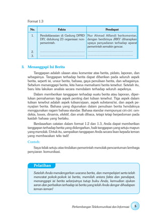 Format 1.3

    No.                        Fakta                                           Pendapat
     1.      Pendeklarasian di Gedung DPRD Nur Ahmad Affandi berkomentar,
             DIY, didukung 23 organisasi non- dengan berdirinya JRKY diharapkan
             pemerintah.                                       upaya penyadaran terhadap aparat
                                                               pemerintah semakin gencar.
     2.      ................................................. .................................................
     3.      ................................................. .................................................


3. Menanggapi Isi Berita
        Tanggapan adalah ulasan atau komentar atas berita, pidato, laporan, dan
   sebagainya. Tanggapan terhadap berita dapat diberikan pada seluruh aspek
   berita, seperti isi, unsur berita, bahasa, gaya penulisan berita, dan sebagainya.
   Sebelum menanggapi berita, kita harus memahami berita tersebut. Setelah itu,
   baru kita lakukan analisis secara mendalam terhadap seluruh aspeknya.
        Dalam memberikan tanggapan terhadap suatu berita atau laporan, diper-
   lukan pemahaman tiga aspek penting dari tulisan tersebut. Tiga aspek dalam
   tulisan tersebut adalah aspek tulisan/ejaan, aspek substansi/isi, dan aspek pe-
   nyajian berita. Bahasa yang digunakan dalam penulisan berita hendaknya
   menggunakan ragam bahasa standar. Bahasa standar mempunyai ciri-ciri: cen-
   dekia, luwes, dinamis, efektif, dan enak dibaca, tetapi tetap berpedoman pada
   kaidah bahasa yang berlaku.
       Berdasarkan catatan dalam format 1.2 dan 1.3, Anda dapat memberikan
   tanggapan terhadap berita yang didengarkan, baik tanggapan yang setuju mapun
   yang menolak. Untuk itu, sampaikan tanggapan Anda secara lisan kepada teman
   yang membacakan teks tadi!
   Contoh:
      Saya tidak setuju atas tindakan pemerintah menolak pencantuman lembaga
   penyiaran komunikasi.



       Pelatihan
       Setelah Anda mendengarkan wacana berita, dan mempelajari serta telah
       mencatat pokok-pokok isi berita, memilah antara fakta dan pendapat,
       menanggapi isi berita selanjutnya tutup buku Anda, kemudian ajukan
       saran dan perbaikan terhadap isi berita yang telah Anda dengar dihadapan
       teman-teman!




                                             Perkembangan Telekomunikasi dan Informasi                       5
 