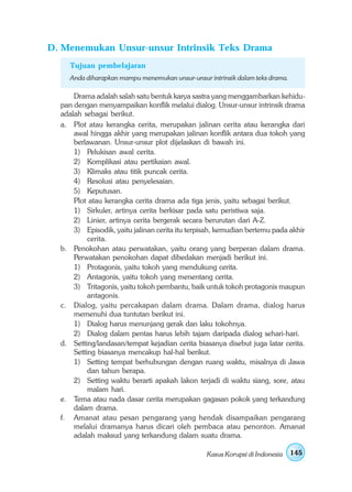 D. Menemukan Unsur-unsur Intrinsik Teks Drama
     Tujuan pembelajaran
     Anda diharapkan mampu menemukan unsur-unsur intrinsik dalam teks drama.

      Drama adalah salah satu bentuk karya sastra yang menggambarkan kehidu-
  pan dengan menyampaikan konflik melalui dialog. Unsur-unsur intrinsik drama
  adalah sebagai berikut.
  a. Plot atau kerangka cerita, merupakan jalinan cerita atau kerangka dari
      awal hingga akhir yang merupakan jalinan konflik antara dua tokoh yang
      berlawanan. Unsur-unsur plot dijelaskan di bawah ini.
      1) Pelukisan awal cerita.
      2) Komplikasi atau pertikaian awal.
      3) Klimaks atau titik puncak cerita.
      4) Resolusi atau penyelesaian.
      5) Keputusan.
      Plot atau kerangka cerita drama ada tiga jenis, yaitu sebagai berikut.
      1) Sirkuler, artinya cerita berkisar pada satu peristiwa saja.
      2) Linier, artinya cerita bergerak secara berurutan dari A-Z.
      3) Episodik, yaitu jalinan cerita itu terpisah, kemudian bertemu pada akhir
           cerita.
  b. Penokohan atau perwatakan, yaitu orang yang berperan dalam drama.
      Perwatakan penokohan dapat dibedakan menjadi berikut ini.
      1) Protagonis, yaitu tokoh yang mendukung cerita.
      2) Antagonis, yaitu tokoh yang menentang cerita.
      3) Tritagonis, yaitu tokoh pembantu, baik untuk tokoh protagonis maupun
           antagonis.
  c. Dialog, yaitu percakapan dalam drama. Dalam drama, dialog harus
      memenuhi dua tuntutan berikut ini.
      1) Dialog harus menunjang gerak dan laku tokohnya.
      2) Dialog dalam pentas harus lebih tajam daripada dialog sehari-hari.
  d. Setting/landasan/tempat kejadian cerita biasanya disebut juga latar cerita.
      Setting biasanya mencakup hal-hal berikut.
      1) Setting tempat berhubungan dengan ruang waktu, misalnya di Jawa
           dan tahun berapa.
      2) Setting waktu berarti apakah lakon terjadi di waktu siang, sore, atau
           malam hari.
  e. Tema atau nada dasar cerita merupakan gagasan pokok yang terkandung
      dalam drama.
  f. Amanat atau pesan pengarang yang hendak disampaikan pengarang
      melalui dramanya harus dicari oleh pembaca atau penonton. Amanat
      adalah maksud yang terkandung dalam suatu drama.

                                                 Kasus Korupsi di Indonesia    145
 