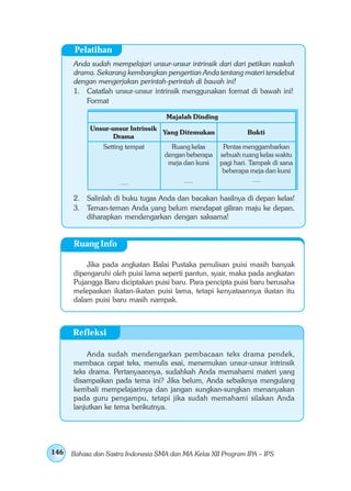 Pelatihan
      Anda sudah mempelajari unsur-unsur intrinsik dari dari petikan naskah
      drama. Sekarang kembangkan pengertian Anda tentang materi tersdebut
      dengan mengerjakan perintah-perintah di bawah ini!
      1. Catatlah unsur-unsur intrinsik menggunakan format di bawah ini!
          Format

                                    Majalah Dinding
            Unsur-unsur Intrinsik
                                  Yang Ditemukan               Bukti
                   Drama
                Setting tempat        Ruang kelas      Pentas menggambarkan
                                    dengan beberapa   sebuah ruang kelas waktu
                                     meja dan kursi   pagi hari. Tampak di sana
                                                       beberapa meja dan kursi
                     ….                   ....                    ....

      2. Salinlah di buku tugas Anda dan bacakan hasilnya di depan kelas!
      3. Teman-teman Anda yang belum mendapat giliran maju ke depan,
         diharapkan mendengarkan dengan saksama!


      Ruang Info

          Jika pada angkatan Balai Pustaka penulisan puisi masih banyak
      dipengaruhi oleh puisi lama seperti pantun, syair, maka pada angkatan
      Pujangga Baru diciptakan puisi baru. Para pencipta puisi baru berusaha
      melepaskan ikatan-ikatan puisi lama, tetapi kenyataannya ikatan itu
      dalam puisi baru masih nampak.



      Refleksi

           Anda sudah mendengarkan pembacaan teks drama pendek,
      membaca cepat teks, menulis esai, menemukan unsur-unsur intrinsik
      teks drama. Pertanyaannya, sudahkah Anda memahami materi yang
      disampaikan pada tema ini? Jika belum, Anda sebaiknya mengulang
      kembali mempelajarinya dan jangan sungkan-sungkan menanyakan
      pada guru pengampu, tetapi jika sudah memahami silakan Anda
      lanjutkan ke tema berikutnya.




146   Bahasa dan Sastra Indonesia SMA dan MA Kelas XII Program IPA – IPS
 