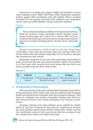 Sementara itu, pendapat atau gagasan adalah hasil pemikiran sesorang
   untuk melakukan sesuatu (KBBI, Edisi Ketiga, 2003). Berdasarkan pengertian
   tersebut, gagasan lebih menekankan pada sifat subjektif. Artinya, pendapat
   merupakan ide atau gagasan seseorang untuk melakukan atau mengadakan
   sesuatu, baik yang sudah dilakukan maupun yang belum dilakukan.
   Contoh:


               Mencermati permasalahan pendidikan memang tidak ada habisnya.
           Mulai dari kurikulum, kualitas pendidikan sekolah unggulan sampai
           dengan profesionalitas guru. Dalam hal ini penulis lebih menyoroti
           masalah profesionalitas guru dan secara khusus dengan adanya program
           rekrutmen Guru Bantu di berbagai daerah. (Kompas, Senin, 1 November
           2006)


       Dengan memerhatikan contoh-contoh di atas tentu Anda dapat
   membedakan antara fakta dan pendapat. Fakta dan pendapat dilihat dari
   konteks kalimat tidak jauh berbeda, tetapi dilihat dari sisi kondisi di lapangan
   atau kenyataannya jauh berbeda.
        Berdasarkan penjelasan di atas, tentu Anda sudah dapat membedakan isi
   berita yang berupa fakta dan yang berupa pendapat. Salinlah format berikut
   ini di buku tugas untuk mencatat berita yang berupa fakta dan berita yang
   berupa pendapat yang ada dalam berita di atas!

   Format 9.1

    No.           Isi Berita                              Fakta                            Pendapat
      1.      Strategi budaya           Budaya berasal dari bahasa                 Perlu kerja sama semua
                   nasional                  Sanskerta budhayah                       lapisan masyarakat
      2.     ........................   .......................................   ..................................

3. Mengomentari Isi Berita/Laporan
       Nilai suatu berita di media massa cetak dan elektronik berbeda-beda. Namun
   prinsip pemberitaan dalam media massa cetak dan elektronik tetap berpegang
   kepada sifat keberterimaan berdasarkan fakta dan pendapat di lapangan. Oleh
   karena itu, tanggapan dan penilaian masyarakat terhadap suatu berita pun
   akan bermacam-macam sesuai dengan pengetahuan dan keinginan masing-
   masing.
        Tanggapan terhadap berita dapat diberikan secara subjektif dan objektif.
   Selain itu, juga akan mengandung nilai positif dan negatif karena wawasan
   dan sudut pandang masing-masing individu berbeda-beda. Setelah mencatat
   dan membedakan antara isi berita yang berupa fakta dan pendapat di atas
   tadi, salinlah kolom berikut ini ke dalam buku tugas!

152    Bahasa dan Sastra Indonesia SMA dan MA Kelas XII Program IPA – IPS
 