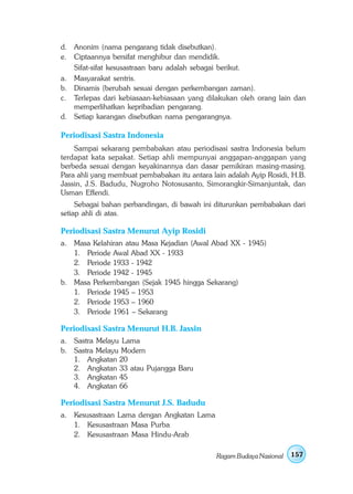 d. Anonim (nama pengarang tidak disebutkan).
e. Ciptaannya bersifat menghibur dan mendidik.
   Sifat-sifat kesusastraan baru adalah sebagai berikut.
a. Masyarakat sentris.
b. Dinamis (berubah sesuai dengan perkembangan zaman).
c. Terlepas dari kebiasaan-kebiasaan yang dilakukan oleh orang lain dan
   memperlihatkan kepribadian pengarang.
d. Setiap karangan disebutkan nama pengarangnya.

Periodisasi Sastra Indonesia
    Sampai sekarang pembabakan atau periodisasi sastra Indonesia belum
terdapat kata sepakat. Setiap ahli mempunyai anggapan-anggapan yang
berbeda sesuai dengan keyakinannya dan dasar pemikiran masing-masing.
Para ahli yang membuat pembabakan itu antara lain adalah Ayip Rosidi, H.B.
Jassin, J.S. Badudu, Nugroho Notosusanto, Simorangkir-Simanjuntak, dan
Usman Effendi.
     Sebagai bahan perbandingan, di bawah ini diturunkan pembabakan dari
setiap ahli di atas.

Periodisasi Sastra Menurut Ayip Rosidi
a. Masa Kelahiran atau Masa Kejadian (Awal Abad XX - 1945)
   1. Periode Awal Abad XX - 1933
   2. Periode 1933 - 1942
   3. Periode 1942 - 1945
b. Masa Perkembangan (Sejak 1945 hingga Sekarang)
   1. Periode 1945 – 1953
   2. Periode 1953 – 1960
   3. Periode 1961 – Sekarang

Periodisasi Sastra Menurut H.B. Jassin
a. Sastra Melayu Lama
b. Sastra Melayu Modern
   1. Angkatan 20
   2. Angkatan 33 atau Pujangga Baru
   3. Angkatan 45
   4. Angkatan 66

Periodisasi Sastra Menurut J.S. Badudu
a. Kesusastraan Lama dengan Angkatan Lama
   1. Kesusastraan Masa Purba
   2. Kesusastraan Masa Hindu-Arab

                                               Ragam Budaya Nasional   157
 