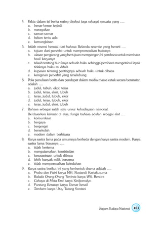 4. Fakta dalam isi berita sering disebut juga sebagai sesuatu yang ….
   a. benar-benar terjadi
   b. meragukan
   c. samar-samar
   d. belum tentu ada
   e. kemungkinan
5. Istilah resensi berasal dari bahasa Belanda resentie yang berarti ….
   a. tujuan dari penerbit untuk mempromosikan bukunya
   b. ulasan pengarang yang bertujuan mempengaruhi pembaca untuk membaca
         hasil karyanya
   c. telaah tentang buruknya sebuah buku sehingga pembaca mengetahui layak
         tidaknya buku itu dibeli
   d. kupasan tentang pentingnya sebuah buku untuk dibaca
   e. keinginan penerbit yang terselubung
6. Pola penulisan berita dan pendapat dalam media massa cetak secara berurutan
   adalah .…
   a. judul, tubuh, ekor, teras
   b. judul, teras, ekor, tubuh
   c. teras, judul, tubuh, ekor
   d. judul, teras, tubuh, ekor
   e. teras, judul, ekor, tubuh
7. Bahasa sebagai salah satu unsur kebudayaan nasional.
   Berdasarkan kalimat di atas, fungsi bahasa adalah sebagai alat ….
   a. komunikasi
   b. bergaya
   c. bergengsi
   d. bersekolah
   e. modern dalam berbicara
8. Karya sastra lama pada umumnya berbeda dengan karya sastra modern. Karya
   sastra lama biasanya ….
   a. tidak bertema
   b. mengutamakan keorisinilan
   c. kesusastraan untuk dibaca
   d. lebih banyak milik bersama
   e. tidak mempersoalkan keindahan
9. Karya sastra berikut ini yang berbentuk drama adalah ….
   a. Prabu dan Putri karya MH. Rustandi Kartakusuma
   b. Balada Orang-Orang Tercinta karya WS. Rendra
   c. Cahaya di Mata Emi karya Kirdjomulyo
   d. Puntung Berasap karya Usmar Ismail
   e. Tambera karya Utuy Tatang Sontani




                                                  Ragam Budaya Nasional   161
 