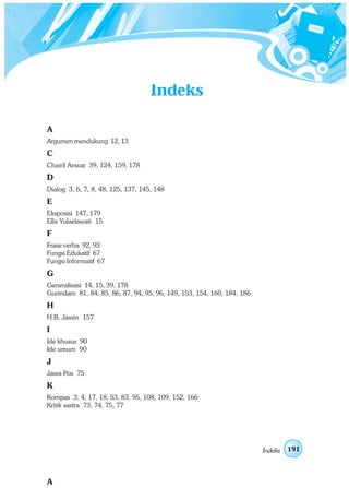 Indeks

A
Argumen mendukung 12, 13
C
Chairil Anwar 39, 124, 159, 178
D
Dialog 3, 6, 7, 8, 48, 125, 137, 145, 148
E
Eksposisi 147, 179
Ella Yulaelawati 15
F
Frase verba 92, 93
Fungsi Edukatif 67
Fungsi Informatif 67
G
Generalisasi 14, 15, 39, 178
Gurindam 81, 84, 85, 86, 87, 94, 95, 96, 149, 153, 154, 160, 184, 186
H
H.B. Jassin 157
I
Ide khusus 90
Ide umum 90
J
Jawa Pos 75
K
Kompas 3, 4, 17, 18, 53, 83, 95, 108, 109, 152, 166
Kritik sastra 73, 74, 75, 77




                                                                         Indeks
                                                                 Daftar Pustaka   191



A
 