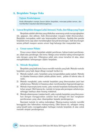 A. Berpidato Tanpa Teks
      Tujuan Pembelajaran
      Anda diharapkan mampu lancar dalam berpidato, mencatat pidato teman, dan
      memberikan masukan atas kekurangannya.


1. Lancar Berpidato dengan Lafal, Intonasi, Nada, dan Sikap yang Tepat
        Berpidato adalah aktivitas yang dilakukan seseorang untuk mengungkapkan
   ide, gagasan, dan pikiran, baik direncanakan maupun tidak direncanakan.
   Berpidato merupakan salah satu keterampilan berbicara. Apabila kita pandai
   berpidato tentu saja akan mendatangkan banyak keuntungan, baik keuntungan
   secara pribadi maupun secara umum bagi keluarga dan masyarakat luas.

   a. Unsur-unsur Pidato
       Unsur-unsur dalam berpidato adalah pembicara, bahan/materi pembicara-
   an, objek atau pendengar, dan tema. Ketiga unsur tersebut saling memengaruhi
   satu dengan yang lain. Hilangnya salah satu unsur tersebut di atas, akan
   mengakibatkan ketimpangan dalam berpidato.

   b. Metode Berpidato
       Berpidato yang baik tentu harus memilih metode yang baik. Metode-metode
   berpidato yang baik dapat dibagi menjadi berikut ini.
   1) Metode naskah, yaitu berpidato yang mengandalkan pada naskah. Metode
       ini dipakai biasanya dalam pidato-pidato resmi, pidato di televisi atau di
       radio.
   2) Metode menghafal, yaitu metode berpidato yang direncanakan jauh hari
       sebelumnya. Metode ini biasanya akan membosankan bagi pendengarnya.
   3) Metode impromptu/serta-merta, yaitu metode berpidato berdasarkan kebu-
       tuhan sesaat. Oleh karena itu, metode ini tanpa ada persiapan sebelumnya,
       sehingga hasilnya akan kurang maksimal.
   4) Metode ekstemporan (catatan kecil), yaitu metode berpidato yang direncana-
       kan dengan menggunakan catatan kecil sebagai inti dan rangkaian
       pembicaraan yang akan disampaikan kepada pendengarnya.
       Keempat metode ini saling melengkapi. Masing-masing metode memiliki
   keunggulan dan kelemahan masing-masing. Oleh karena itu, sebagian orang
   yang kreatif justru menggabungkan berbagai metode berpidato di atas untuk
   menarik simpati pendengarnya.




 24   Bahasa dan Sastra Indonesia SMA dan MA Kelas XII Program IPA – IPS
 