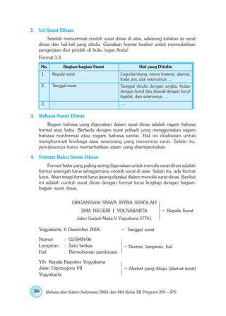 2. Isi Surat Dinas
       Setelah mencermati contoh surat dinas di atas, sekarang tuliskan isi surat
   dinas dan hal-hal yang ditulis. Gunakan format berikut untuk memudahkan
   pengerjaan dan pindah di buku tugas Anda!
   Format 3.3
      No.            Bagian-bagian Surat                     Hal yang Ditulis
      1.      Kepala surat                         Logo/lambang, nama instansi, alamat,
                                                   kode pos, dan seterusnya ....
      2.      Tanggal surat                        Tanggal ditulis dengan angka, bulan
                                                   dengan huruf dan diawali dengan huruf
                                                   kapital, dan seterusnya ....
      3.      ....                                 ….

3. Bahasa Surat Dinas
       Ragam bahasa yang digunakan dalam surat dinas adalah ragam bahasa
   formal atau baku. Berbeda dengan surat pribadi yang menggunakan ragam
   bahasa nonformal atau ragam bahasa santai. Hal ini dilakukan untuk
   menghormati lembaga atau seseorang yang menerima surat. Selain itu,
   penulisannya harus memerhatikan ejaan yang disempurnakan.

4. Format Baku Surat Dinas
        Format baku yang paling sering digunakan untuk menulis surat dinas adalah
   format setengah lurus sebagaimana contoh surat di atas. Selain itu, ada format
   lurus. Akan tetapi format lurus jarang dipakai dalam menulis surat dinas. Berikut
   ini adalah contoh surat dinas dengan format lurus lengkap dengan bagian-
   bagian surat dinas.


                         ORGANISASI SISWA INTRA SEKOLAH
                                SMA NEGERI 1 YOGYAKARTA                    Kepala Surat
                              Jalan Gadjah Mada V, Yogyakarta 57761

   Yogyakarta, 6 Desember 2006                          Tanggal surat

   Nomor             : 02/SMN/06
   Lampiran          : Satu berkas                      Nomor, lampiran, hal
   Hal               : Permohonan pembicara

   Yth. Kepala Kapolres Yogyakarta
   Jalan Diponegoro VII                                 Alamat yang dituju (alamat surat)
   Yogyakarta


 56        Bahasa dan Sastra Indonesia SMA dan MA Kelas XII Program IPA – IPS
 
