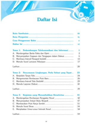 Daftar Isi

Kata Sambutan .........................................................................                         iii
Kata Pengantar .........................................................................                        iv
Cara Penggunaan Buku ............................................................                                v
Daftar Isi ..................................................................................                   vi


Tema 1:           Perkembangan Telekomunikasi dan Informasi ........                                             1
A.    Mendengarkan Berita Fakta dan Opini .............................................                          2
B.    Menyampaikan Gagasan dan Tanggapan dalam Diskusi .................                                         6
C.    Membaca Intensif Paragraf Induktif ...................................................                    13
D.    Menulis Surat Lamaran Pekerjaan ....................................................                      17

Latihan .....................................................................................................   20


Tema 2:           Pencemaran Lingkungan, Perlu Solusi yang Tepat ..                                             23
A.    Berpidato Tanpa Teks ........................................................................             24
B.    Mengomentari Pembacaan Puisi Baru ..............................................                          26
C.    Membaca Intensif Teks Deduktif ........................................................                   29
D.    Menulis Laporan Diskusi ...................................................................               32

Latihan .....................................................................................................   39


Tema 3:           Kegiatan yang Menumbuhkan Kreativitas ..............                                          41
A.    Mendengarkan Pembacaan Penggalan Novel ...................................                                42
B.    Menyampaikan Intisari Buku Biografi ...............................................                       47
C.    Membacakan Puisi Karya Sendiri .....................................................                      51
D.    Menulis Surat Dinas ..........................................................................            54
E.    Menjelaskan Unsur-unsur Intrinsik Novel ..........................................                        58

Latihan .....................................................................................................   59


                                                           vi
 