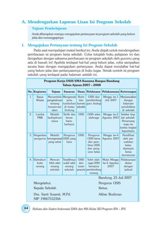 A. Mendengarkan Laporan Lisan Isi Program Sekolah
           Tujuan Pembelajaran
           Anda diharapkan mampu mengajukan pertanyaan isi program sekolah yang belum
           jelas dan menanggapinya.

1. Mengajukan Pertanyaan tentang Isi Program Sekolah
       Pada saat mempelajari materi berikut ini, Anda diajak untuk mendengarkan
   pembacaan isi program kerja sekolah. Coba tutuplah buku pelajaran ini dan
   dengarkan dengan saksama pembacaan isi program sekolah oleh gurumu yang
   ada di bawah ini! Apabila terdapat hal-hal yang belum jelas, coba sampaikan
   secara lisan dengan mengajukan pertanyaan. Anda dapat mendaftar hal-hal
   yang belum jelas dan pertanyaannya di buku tugas. Simak contoh isi program
   sekolah yang terdapat pada halaman setelah ini.
                      Program Kerja OSIS SMA Kusuma Bangsa Bandung
                                 Tahun Ajaran 2007 – 2008

   No. Kegiatan           Tujuan   Sasaran     Dana Pelaksana Pelaksanaan Keterangan
      1.     Karya     Menambah Mengamati Rutin OSIS dan Minggu ke-1 Menyesuaikan
             Wisata    pengetahuan   jenis    dan pembimbing Juli 2007   dengan
                         tentang tumbuhan komite guru biologi           kalender
                        konservasi di hutan sekolah                    pendidikan
                           alam    lindung                             di sekolah
      2.     Lomba        Melatih Tertib dan   OSIS   OSIS seksi Minggu ke-2 Seleksi ting-
              PBB       kedisplinan benar             olahraga Agustus 2007 kat sekolah.
                           siswa     baris-                                    Pemenang
                                    berbaris                                    maju ke
                                                                             lomba tingkat
                                                                               kapubaten
      3. Pergantian Melatih     Pengurus OSIS         Pengurus Minggu ke-4      Pemilihan
         pengurus berorganisasi OSIS yang             OSIS lama Agustus 2007    oleh per-
                    yang sehat    baru                dan pem-                   wakilan
                                                      bina OSIS                   kelas,
                                                      dan peng-                 dipimpin
                                                      urus kelas                  ketua
                                                                               demisioner
      4. Ekstrakuri-     Mencari Terpilihnya OSIS Sekti olah- Mulai Minggu Pelaksanaan
           kuler         bibit atlet wakil atlet dan   raga OSIS ke-4 Agustus  diatur
          renang          renang       renang    iuran  bersama      2007     dengan
                          sekolah     sekolah peserta pembimbing              jadwal
                                                         renang
                                                              Bandung, 23 Juli 2007
            Mengetahui,                                       Pengurus OSIS
            Kepala Sekolah                                    Ketua,
            Dra. Santi Susanti, M.Pd.                         Akbar Budiman
            NIP 19067312356

 64        Bahasa dan Sastra Indonesia SMA dan MA Kelas XII Program IPA – IPS
 