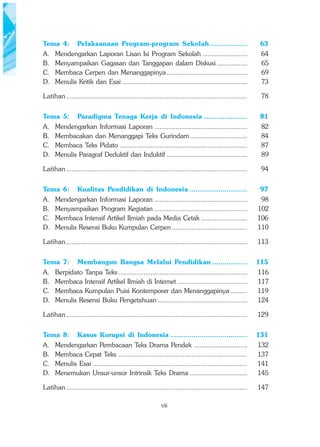 Tema 4:           Pelaksanaan Program-program Sekolah ..................                                         63
A.    Mendengarkan Laporan Lisan Isi Program Sekolah .........................                                   64
B.    Menyampaikan Gagasan dan Tanggapan dalam Diskusi .................                                         65
C.    Membaca Cerpen dan Menanggapinya .............................................                             69
D.    Menulis Kritik dan Esai ......................................................................             73

Latihan .....................................................................................................    78


Tema 5:           Paradigma Tenaga Kerja di Indonesia .....................                                     81
A.    Mendengarkan Informasi Laporan ....................................................                        82
B.    Membacakan dan Menanggapi Teks Gurindam ................................                                   84
C.    Membaca Teks Pidato .......................................................................                87
D.    Menulis Paragraf Deduktif dan Induktif .............................................                       89

Latihan .....................................................................................................    94


Tema 6:           Kualitas Pendidikan di Indonesia ............................                                 97
A.    Mendengarkan Informasi Laporan ....................................................                        98
B.    Menyampaikan Program Kegiatan ....................................................                        102
C.    Membaca Intensif Artikel Ilmiah pada Media Cetak ..........................                               106
D.    Menulis Resensi Buku Kumpulan Cerpen ..........................................                           110

Latihan .....................................................................................................   113


Tema 7:           Membangun Bangsa Melalui Pendidikan .................                                         115
A.    Berpidato Tanpa Teks ........................................................................             116
B.    Membaca Intensif Artikel Ilmiah di Internet .......................................                       117
C.    Membaca Kumpulan Puisi Kontemporer dan Menanggapinya .........                                            119
D.    Menulis Resensi Buku Pengetahuan ..................................................                       124

Latihan .....................................................................................................   129


Tema 8:           Kasus Korupsi di Indonesia .....................................                              131
A.    Mendengarkan Pembacaan Teks Drama Pendek ..............................                                   132
B.    Membaca Cepat Teks ........................................................................               137
C.    Menulis Esai ......................................................................................       141
D.    Menemukan Unsur-unsur Intrinsik Teks Drama ................................                               145

Latihan .....................................................................................................   147

                                                               vii
 
