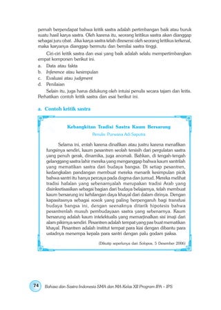 pernah berpendapat bahwa kritik sastra adalah pertimbangan baik atau buruk
 suatu hasil karya sastra. Oleh karena itu, seorang kritikus sastra akan dianggap
 sebagai juru obat. Jika karya sastra telah diresensi oleh seorang kritikus terkenal,
 maka karyanya dianggap bermutu dan bernilai sastra tinggi.
     Ciri-ciri kritik sastra dan esai yang baik adalah selalu mempertimbangkan
 empat komponen berikut ini.
 a. Data atau fakta
 b. Inference atau kesimpulan
 c. Evaluasi atau judgment
 d. Penilaian
     Selain itu, juga harus didukung oleh intuisi penulis secara tajam dan kritis.
 Perhatikan contoh kritik sastra dan esai berikut ini.

 a. Contoh kritik sastra


                 Kebangkitan Tradisi Sastra Kaum Bersarung
                              Penulis: Purwana Adi Saputra

           Selama ini, entah karena dinafikan atau justru karena menafikan
     fungsinya sendiri, kaum pesantren seolah tersisih dari pergulatan sastra
     yang penuh gerak, dinamika, juga anomali. Bahkan, di tengah-tengah
     gelanggang sastra lahir mereka yang menganggap bahwa kaum santrilah
     yang mematikan sastra dari budaya bangsa. Di setiap pesantren,
     kedangkalan pandangan membuat mereka menarik kesimpulan picik
     bahwa santri itu hanya percaya pada dogma dan jumud. Mereka melihat
     tradisi hafalan yang sebenarnyalah merupakan tradisi Arab yang
     disinkretisasikan sebagai bagian dari budaya belajarnya, telah membuat
     kaum bersarung ini kehilangan daya khayal dari dalam dirinya. Dengan
     kapasitasnya sebagai sosok yang paling berpengaruh bagi transfusi
     budaya bangsa ini, dengan seenaknya ditarik hipotesis bahwa
     pesantrenlah musuh pembudayaan sastra yang sebenarnya. Kaum
     bersarung adalah kaum intelektualis yang memarjinalkan sisi imaji dari
     alam pikirnya sendiri. Pesantren adalah tempat yang pas buat mematikan
     khayal. Pesantren adalah institut tempat para kiai dengan dibantu para
     ustadnya menempa kepala para santri dengan palu godam paksa.

                                  (Dikutip seperlunya dari Solopos, 5 Desember 2006)




74   Bahasa dan Sastra Indonesia SMA dan MA Kelas XII Program IPA – IPS
 