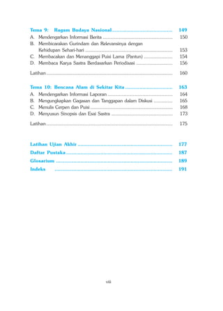 Tema 9:           Ragam Budaya Nasional ..........................................                              149
A. Mendengarkan Informasi Berita ........................................................                       150
B. Membicarakan Gurindam dan Relevansinya dengan
   Kehidupan Sehari-hari ......................................................................                 153
C. Membacakan dan Menanggapi Puisi Lama (Pantun) .......................                                        154
D. Membaca Karya Sastra Berdasarkan Periodisasi .............................                                   156

Latihan .....................................................................................................   160


Tema 10: Bencana Alam di Sekitar Kita .................................                                         163
A.    Mendengarkan Informasi Laporan ....................................................                       164
B.    Mengungkapkan Gagasan dan Tanggapan dalam Diskusi ...............                                         165
C.    Menulis Cerpen dan Puisi ..................................................................               168
D.    Menyusun Sinopsis dan Esai Sastra .................................................                       173

Latihan .....................................................................................................   175



Latihan Ujian Akhir ..................................................................                          177
Daftar Pustaka ..........................................................................                       187
Glosarium .................................................................................                     189
Indeks            ..................................................................................            191




                                                          viii
 