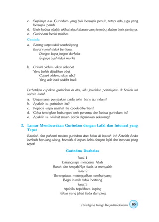 c. Sajaknya a-a. Gurindam yang baik bersajak penuh, tetapi ada juga yang
      bersajak paruh.
   d. Baris kedua adalah akibat atau balasan yang tersebut dalam baris pertama.
   e. Gurindam berisi nasihat.
   Contoh:
   a. Barang siapa tidak sembahyang
      Ibarat rumah tidak bertiang.
          Dengan bapa jangan durhaka
          Supaya ayah tidak murka

   b. Cahari olehmu akan sahabat
      Yang boleh dijadikan obat
          Cahari olehmu akan abdi
          Yang ada baik sedikit budi


   Perhatikan cuplikan gurindam di atas, lalu jawablah pertanyaan di bawah ini
   secara lisan!
   a.   Bagaimana persajakan pada akhir baris gurindam?
   b.   Apakah isi gurindam itu?
   c.   Kepada siapa nasihat itu cocok diberikan?
   d.   Coba terangkan hubungan baris pertama dan kedua gurindam itu!
   e.   Apakah isi nasihat masih cocok digunakan sekarang?

2. Lancar Membawakan Gurindam dengan Lafal dan Intonasi yang
   Tepat
   Bacalah dan pahami makna gurindam dua belas di bawah ini! Setelah Anda
   berlatih berulang-ulang, bacalah di depan kelas dengan lafal dan intonasi yang
   tepat!

                              Gurindam Duabelas

                                      Pasal 1
                           Barangsiapa mengenal Allah
                     Suruh dan tengah-Nya tiada ia menyalah
                                      Pasal 2
                     Barangsiapa meninggalkan sembahyang
                           Bagai rumah tidak bertiang
                                      Pasal 3
                            Apabila terpelihara kuping
                         Kabar yang jahat tiada damping


                                         Paradigma Tenaga Kerja di Indonesia   85
 