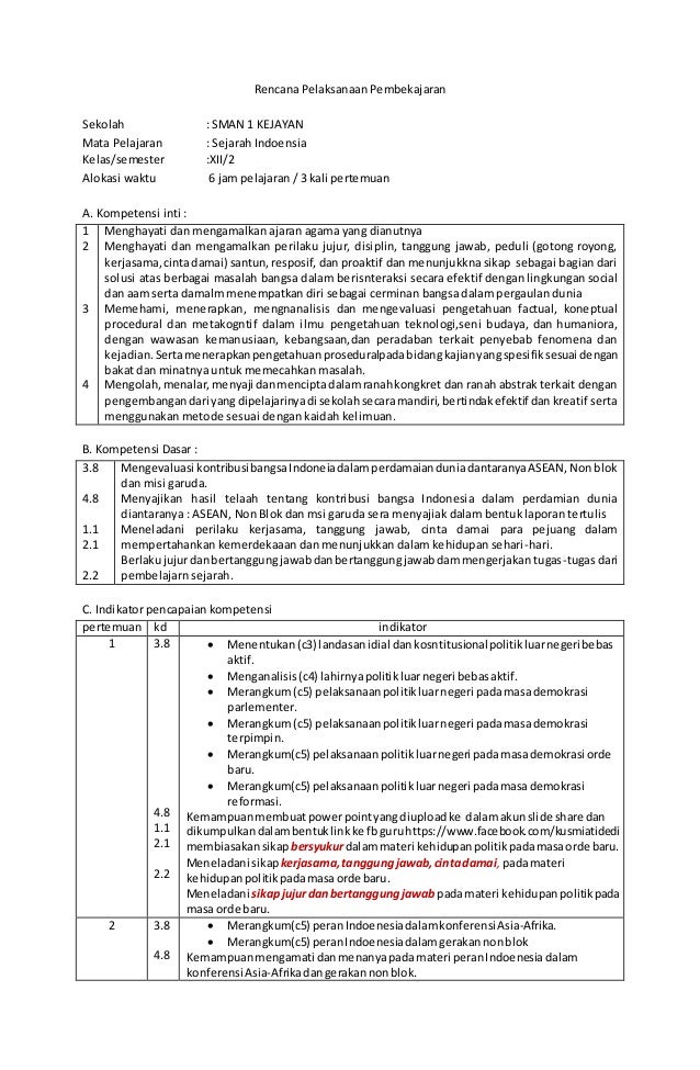 Rpp Sejarah Indonesia Kelas Xii Semester Genap