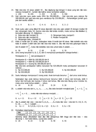 11
14. Nilai rata-rata 10 siswa adalah 55 . Jika digabung lagi dengan 5 siswa yang lain nilai rata-
ratanya menjadi 53 . Jumlah nilai kelima siswa tambahan adalah….
A. 230 B. 245 C. 254 D. 425 E. 550
15. Gaji rata-rata guru pada suatu SMU Rp 250.000,00-, . Gaji rata-rata guru prianya Rp
260.000,00-,dan gaji rata-rata guru wanitanya Rp 210.000,00-, . Perbandingan jumlah guru
pria dan wanita adalah….
A. 1 : 9 B. 1 : 4 C. 4 : 6 D. 4 : 1 E. 3 : 2
16. Pada suatu ujian yang diikuti 50 siswa diperoleh rata-rata ujian adalah 35 dengan median 40
dan simpangan baku 10. Karena rata-rata nilai terlalu rendah, maka semua nilai dikalikan 2,
kemudian dikurangi 15. Akibatnya. . . .
A. Rata-rata nilai menjadi 70 D. Simpangan baku menjadi 5
B. Rata-rata nilai menjadi 65 E. Median menjadi 80
C. Simpangan baku menjadi 20
17. Kelas A terdiri dari 35 siswa, sedangkan kelas B terdiri dari 40 siswa. Nilai statistik rata-rata
kelas B adalah 5 lebih baik dari nilai rata-rata kelas A. Jika nilai rata-rata gabungan kelas A
dan B adalah 57
3
2
, maka nilai statistika rata-rata untuk kelas A adalah. . . .
A. 50 B. 55 C. 60 D. 65 E. 70
18. Lima orang karyawan A, B, C, D, dan E mempunyai pendapatan sebagai berikut :
Pendapatan A =
2
1
dari pendapatan E
Pendapatan B = lebih Rp 100.000,00 dari A
Pendapatan C = lebih Rp 150.000,00 dari A
Pendapatan D = kurang Rp 180.000,00 dari E
Bila rata-rata pendapatan kelima karyawan Rp 525.000,00 maka pendapatan karyawan D
sebesar. . .
A. Rp 515.000,00 C. Rp 535.000,00 E. Rp 565.000,00
B. Rp 520.000,00 D. Rp 550.000,00
19. Suatu keluarga mempunyai 5 orang anak. Anak termuda berumur
2
1
dari umur anak tertua.
Sedangkan tiga anak lainnya berturut-turut berumur lebih 2 tahun dari termuda, lebih 4
tahun dari termuda dan kurang 3 tahun dari tertua. Bila rata-rata hitung umur mereka 16,
maka umur anak tertua adalah. . . tahun.
A. 18 B. 20 C. 22 D. 24 E. 26
20. xo adalah rata-rata dari x1, x2, x3, . . ., x10. Jika data berubah mengikuti pola
2
1
x1 + 2,
2
1
x2
+ 4,
2
1
x3 + 6. . . .maka nilai rata-ratanya menjadi. . .
A. xo + 11 B. xo + 12 C.
2
1
xo + 11 D.
2
1
xo + 12 E.
2
1
xo + 20
21. Jika X0 adalah nilai rata – rata dari X1,X2,X3, . . . ,X10 maka nilai rata – rata dari X1+10, X2 +9,
X3 +8, . . . , X10 + 1 adalah . . .
A. X0 + 1 B. 5,5 (X0 +1) C. X0 + 5,5 D. X0 + 5 E. X0 + 55
22. Perhatikan tabel berikut :
Nilai 3 4 5 6 7 8 9
Frekuensi 3 5 12 17 14 6 3
Seorang siswa dinyatakan lulus jika nilai ulangannya libih tinggi dari nilai rata – rata
dikurangi 1. Dari tabel diatas, yyang lulus adalah . . .
A. 20 B. 23 C. 38 D. 40 E. 55
 