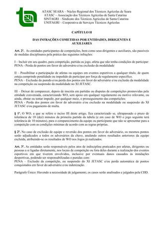 ATASC SEARA – Núcleo Regional dos Técnicos Agrícolas de Seara
ATASC – Associação dos Técnicos Agrícolas de Santa Catarina
SINTAGRI – Sindicato dos Técnicos Agrícolas de Santa Catarina
UNITAGRI – Cooperativa de Serviços Técnicos Agrícolas
CAPÍTULO II
DAS INFRAÇÕES COMETIDAS POR ENTIDADES, DIRIGENTES E
AUXILIARES
Art. 2º. As entidades participantes de competições, bem como seus dirigentes e auxiliares, são passíveis
de medidas disciplinares pela prática das seguintes infrações:
I – Incluir em seu quadro, para competição, partida ou jogo, atleta que não tenha condições de participar:
PENA - Perda de pontos em favor do adversário e/ou exclusão da modalidade
II – Possibilitar a participação de atletas ou equipes em eventos esportivos a qualquer título, de quem
esteja cumprindo penalidade ou impedido de participar por força de regulamento específico.
PENA – Exclusão do punido e/ou perda dos pontos em favor do adversário e/ou exclusão da modalidade
na competição ou suspensão da modalidade no XI JETASC.
III – Deixar de comparecer, depois de inscrita em partidas ou disputas de competições promovidas pela
entidade conveniada, caracterizando WO, sem apoio em qualquer regulamento ou motivo relevante, ou
ainda, obstar ou tentar impedir, por qualquer meio, o prosseguimento das competições:
PENA - Perda dos pontos em favor do adversário e/ou exclusão na modalidade ou suspensão do XI
JETASC e/ou pagamento de multa.
§ 1º. O WO, a que se refere o inciso III deste artigo, fica caracterizado se, ultrapassado o prazo de
tolerância de 10 (dez) minutos da primeira partida da tabela (e em caso de WO o jogo seguinte terá
tolerância de 10 minutos), para o comparecimento da equipe ou participante que não se apresentar para a
competição com as condições mínimas de acordo com as regras próprias.
§ 2º. No caso de exclusão de equipe e reversão dos pontos em favor do adversário, os mesmos pontos
serão adjudicados a todos os adversários da chave, anulando outros resultados anteriores da equipe
excluída, atribuindo-se os resultados de WO nos Jogos já realizados.
Art. 3º. As entidades serão responsáveis pelos atos de indisciplina praticados por atletas, dirigentes ou
pessoas a si ligadas diretamente, nos locais de competição ou fora deles durante a realização dos eventos
esportivos em que tiverem envolvidos, inclusive por eventuais danos causados às instalações
desportivas, podendo ser responsabilizadas e punidas com:
PENA – Exclusão da competição, ou suspensão do XI JETASC e/ou perda automática de pontos
conquistados em favor do adversário e/ou indenização.
Parágrafo Único: Havendo a necessidade de julgamento, os casos serão analisados e julgados pela CDD.
 