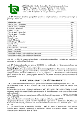 ATASC SEARA – Núcleo Regional dos Técnicos Agrícolas de Seara
ATASC – Associação dos Técnicos Agrícolas de Santa Catarina
SINTAGRI – Sindicato dos Técnicos Agrícolas de Santa Catarina
UNITAGRI – Cooperativa de Serviços Técnicos Agrícolas
Art. 13. O número de atletas que poderão constar na relação definitiva, para efeitos de inscrição e
premiação deverá ser:
Modalidade/Naipe Total
Tênis de Mesa – Masculino 02
Tênis de Mesa – Feminino 02
Cinquilho – Masculino 02
Canastra – Livre 03
Vôlei de Areia – Masculino 03
Vôlei de Areia – Feminino 03
Bocha – Livre 03
Dominó – Livre 03
Futsal – Masculino 10
Futebol Suíço – Masculino 10
General – Livre 02
Truco – Livre 03
Cabo de Guerra – Masculino 08
Sinuca – Masculino 02
Pênalti – Masculino 02
Arremesso de Lance Livre (Basquete) – Masculino 02
Arremesso de Lance Livre (Basquete) – Feminino 02
Art. 14. No JETASC para que seja realizada a competição na modalidade, é necessária a inscrição no
evento de, no mínimo 03 (três) núcleos.
Art. 15. Será cobrada multa, no valor de R$ 150,00, por modalidade, do Núcleo que confirmar sua
participação no JETASC e a ele não comparecer.
Parágrafo Único. Os pedidos de desistência de modalidade poderão ser efetuados no dia do congresso
técnico, pessoalmente, por um responsável de cada núcleo, ou com uma semana de antecedência ao
congresso técnico, encaminhado Ofício via on line ou fax para a CCO. As desistências ocorridas fora do
prazo acarretam em WO e serão julgados pela CCO e/ou CDD, de acordo com as circunstâncias
apresentadas.
DA PARTICIPAÇÃO DO ATLETA, TÉCNICO e DIRIGENTE
Art. 16. São condições fundamentais para que os atletas, técnicos e dirigentes participem do JETASC:
a) Ser sócio da ATASC ou SINTAGRI ou UNITAGRI e Núcleo Regional, e estar em dia com suas
obrigações;
b) Ser dependente (esposa e filhos) de sócio da ATASC, SINTAGRI, UNITAGRI e Núcleo Regional
que esteja em dia com suas obrigações; (a participação de dependentes deve observar o regulamento de
cada modalidade).
c) Ser funcionário e/ou dependente (esposa e filhos) de funcionário que atuam na ATASC, SINTAGRI
e/ou UNITAGRI.
d) Estar devidamente inscrito no Evento, dentro dos prazos estabelecidos pela CCO;
e) Apresentar documento original, com foto, expedido por órgão oficial de identificação (RG, CREA ou
Carteira de Habilitação), juntamente com o crachá de identificação individual, fornecido pelo ATASC
SEARA.
§ 1º. Em caso de extravio do documento oficial (RG, CREA ou Carteira de Habilitação), o atleta inscrito
somente poderá continuar competindo, se apresentar o boletim de ocorrência policial e contar com
autorização do Coordenador Geral do evento.
 