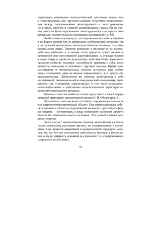 30
тирующего, сохранение психологической дистанции между ним
и эмпатируемым, или, другими словами, отсутствие отождествле-
ния между переживаниями эмпатируемого и эмпатирующего.
Во-вторых, наличие в эмпатии сопереживания (каким бы по сво-
ему знаку ни было переживание эмпатируемого), а не просто эмо-
ционально положительного отношения (симпатии) [5, с. 69].
Необходимо подчеркнуть, что выраженность свойств эмпатии
и ее форма зависят как от природных особенностей личности, так
и от условий воспитания, жизнедеятельности человека, его эмо-
ционального опыта. Эмпатия возникает и развивается во взаимо-
действии, общении, а в основе этого процесса лежит механизм
осознанной или неосознанной идентификации. А отождествление
в свою очередь является результатом действия более фундамен-
тального свойства человека: способности сравнивать себя, свою
личность, поведение и состояние с другими людьми. Кроме того,
когнитивная и эмоциональные эмпатии возможны при любых
типах отношений, даже не вполне определенных, т. е. просто об-
щечеловеческих. Действенная же эмпатия, включающая в себя
когнитивный, эмоциональный и поведенческий компоненты, свой-
ственна для отношений, определяемых в том числе социально-
психологическими и собственно педагогическими характеристи-
ками образовательного процесса.
Феномен эмпатии наиболее полно представил в своей иерар-
хической структурно-динамической модели Н. Н. Обозов (рис. 1).
Источником эмпатии является объект переживания (личность
или антропоморфизированный объект). При взаимодействии субъ-
екта эмпатии с объектом переживаний возникает простейшая фор-
ма эмпатии – когнитивная, в виде понимания состояния другого
объекта без изменения своего состояния. Это первый элемент про-
цесса эмпатии.
Далее следует эмоциональная эмпатия, включающая в себя не
только понимание состояния другого, но сопереживание и сочув-
ствие. Она является важнейшей в иерархической структуре эмпа-
тии, так как без нее невозможна действенная эмпатия, а когнитив-
ная не будет отражать основной ее сущности (т. е. сопереживания,
сочувствия, содействия).
Copyright ОАО «ЦКБ «БИБКОМ» & ООО «Aгентство Kнига-Cервис»
 