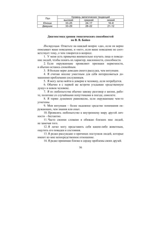 50
Уровень эмпатических тенденций
Пол
высокий средний низкий
Юноши 33–25 24–17 16–8
Девушки 33–29 28–22 21–12
Диагностика уровня эмпатических способностей
по В. В. Бойко
Инструкция. Ответьте на каждый вопрос «да», если он верно
описывает ваше поведение, и «нет», если ваше поведение не соот-
ветствует тому, о чем говорится в вопросе.
1. У меня есть привычка внимательно изучать лица и поведе-
ние людей, чтобы понять их характер, наклонности, способности.
2. Если окружающие проявляют признаки нервозности,
я обычно остаюсь спокойным.
3. Я больше верю доводам своего рассудка, чем интуиции.
4. Я считаю вполне уместным для себя интересоваться до-
машними проблемами сослуживцев.
5. Я могу легко войти в доверие к человеку, если потребуется.
6. Обычно я с первой же встречи угадываю «родственную
душу» в новом человеке.
7. Я из любопытства обычно завожу разговор о жизни, рабо-
те, политике со случайными попутчиками в поезде, самолете.
8. Я теряю душевное равновесие, если окружающие чем-то
угнетены.
9. Моя интуиция – более надежное средство понимания ок-
ружающих, чем знания или опыт.
10. Проявлять любопытство к внутреннему миру другой лич-
ности – бестактно.
11. Часто своими словами я обижаю близких мне людей,
не замечая того.
12. Я легко могу представить себя каким-либо животным,
ощутить его повадки и состояния.
13. Я редко рассуждаю о причинах поступков людей, которые
имеют ко мне непосредственное отношение.
14. Я редко принимаю близко к сердцу проблемы своих друзей.
Copyright ОАО «ЦКБ «БИБКОМ» & ООО «Aгентство Kнига-Cервис»
 