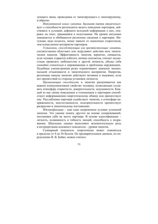 53
зующего звена, проводника от эмпатирующего к эмпатируемому,
и обратно.
Интуитивный канал эмпатии. Балльная оценка свидетельст-
вует о способности респондента видеть поведение партнеров, дей-
ствовать в условиях дефицита исходной информации о них, опи-
раясь на опыт, хранящийся в подсознании. На уровне интуиции
замыкаются и обобщаются различные сведения о партнерах. Ин-
туиция, надо полагать, менее зависит от оценочных стереотипов,
чем осмысленное восприятие партнеров.
Установки, способствующие или препятствующие эмпатии,
соответственно облегчают или затрудняют действие всех эмпати-
ческих каналов. Эффективность эмпатии, вероятно, снижается,
если человек старается избегать личных контактов, считает неуме-
стным проявлять любопытство к другой личности, убедил себя
спокойно относиться к переживаниям и проблемам окружающих.
Подобные умонастроения резко ограничивают диапазон эмоцио-
нальной отзывчивости и эмпатического восприятия. Напротив,
различные каналы эмпатии действуют активнее и надежнее, если
нет препятствий со стороны установок личности.
Проникающая способность в эмпатии расценивается как
важное коммуникативное свойство человека, позволяющее созда-
вать атмосферу открытости, доверительности, задушевности. Каж-
дый из нас своим поведением и отношением к партнерам способ-
ствует информационно-энергетическому обмену или препятствует
ему. Расслабление партнера содействует эмпатии, а атмосфера на-
пряженности, неестественности, подозрительности препятствует
раскрытию и эмпатическому постижению.
Идентификация – еще одно непременное условие успешной
змпатии. Это умение понять другого на основе сопереживаний,
постановки себя на место партнера. В основе идентификации –
легкость, подвижность и гибкость эмоций, способность к подра-
жанию. Шкальные оценки выполняют вспомогательную роль
в интерпретации основного показателя – уровня эмпатии.
Суммарный показатель теоретически может изменяться
в пределах от 0 до 36 баллов. По предварительным данным, по оп-
ределению В. В. Бойко, можно считать:
Copyright ОАО «ЦКБ «БИБКОМ» & ООО «Aгентство Kнига-Cервис»
 