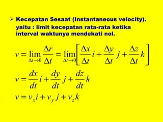 Kecepatan Sesaat (Instantaneous velocity). yaitu : limit kecepatan rata-rata ketika interval waktunya mendekati nol. 