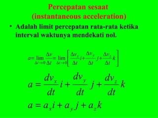 Percepatan sesaat  (instantaneous acceleration) Adalah limit percepatan rata-rata ketika interval waktunya mendekati nol. 