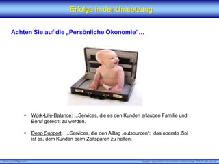 Erfolge in der Umsetzung


          Achten Sie auf die „Persönliche Ökonomie“...




                                 Work-Life-Balance: ...Services, die es den Kunden erlauben Familie und
                                 Beruf gerecht zu werden.

                                 Deep Support: ...Services, die den Alltag „outsourcen“: das oberste Ziel
                                 ist es, dem Kunden beim Zeitsparen zu helfen.



„Service zukunftsfähig machen“                                                     Copyright © X [iks] Institut für Kommunikation und ServiceDesign® 2008. All rights reserved.
 