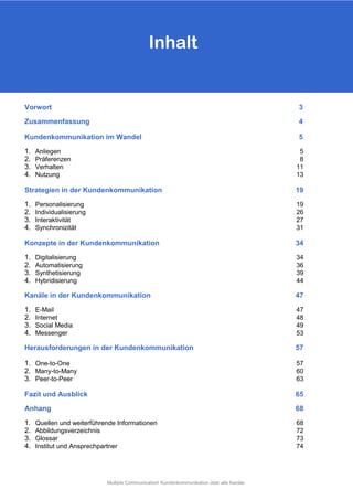 Multiple Communication! Kundenkommunikation über alle Kanäle
Vorwort 3
Zusammenfassung 4
Kundenkommunikation im Wandel 5
1. Anliegen 5
2. Präferenzen 8
3. Verhalten 11
4. Nutzung 13
Strategien in der Kundenkommunikation 19
1. Personalisierung 19
2. Individualisierung 26
3. Interaktivität 27
4. Synchronizität 31
Konzepte in der Kundenkommunikation 34
1. Digitalisierung 34
2. Automatisierung 36
3. Synthetisierung 39
4. Hybridisierung 44
Kanäle in der Kundenkommunikation 47
1. E-Mail 47
2. Internet 48
3. Social Media 49
4. Messenger 53
Herausforderungen in der Kundenkommunikation 57
1. One-to-One 57
2. Many-to-Many 60
3. Peer-to-Peer 63
Fazit und Ausblick 65
Anhang 68
1. Quellen und weiterführende Informationen 68
2. Abbildungsverzeichnis 72
3. Glossar 73
4. Institut und Ansprechpartner 74
Inhalt
 