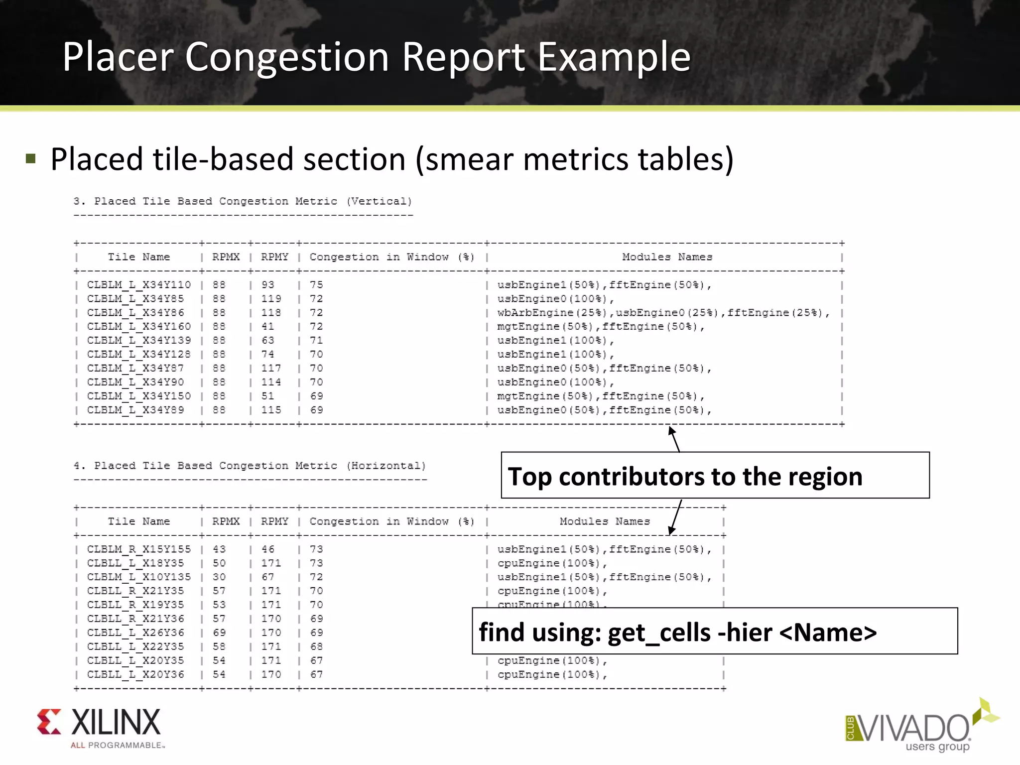 Placer Congestion Report Example
 Placed tile-based section (smear metrics tables)
Top contributors to the region
find using: get_cells -hier <Name>
 