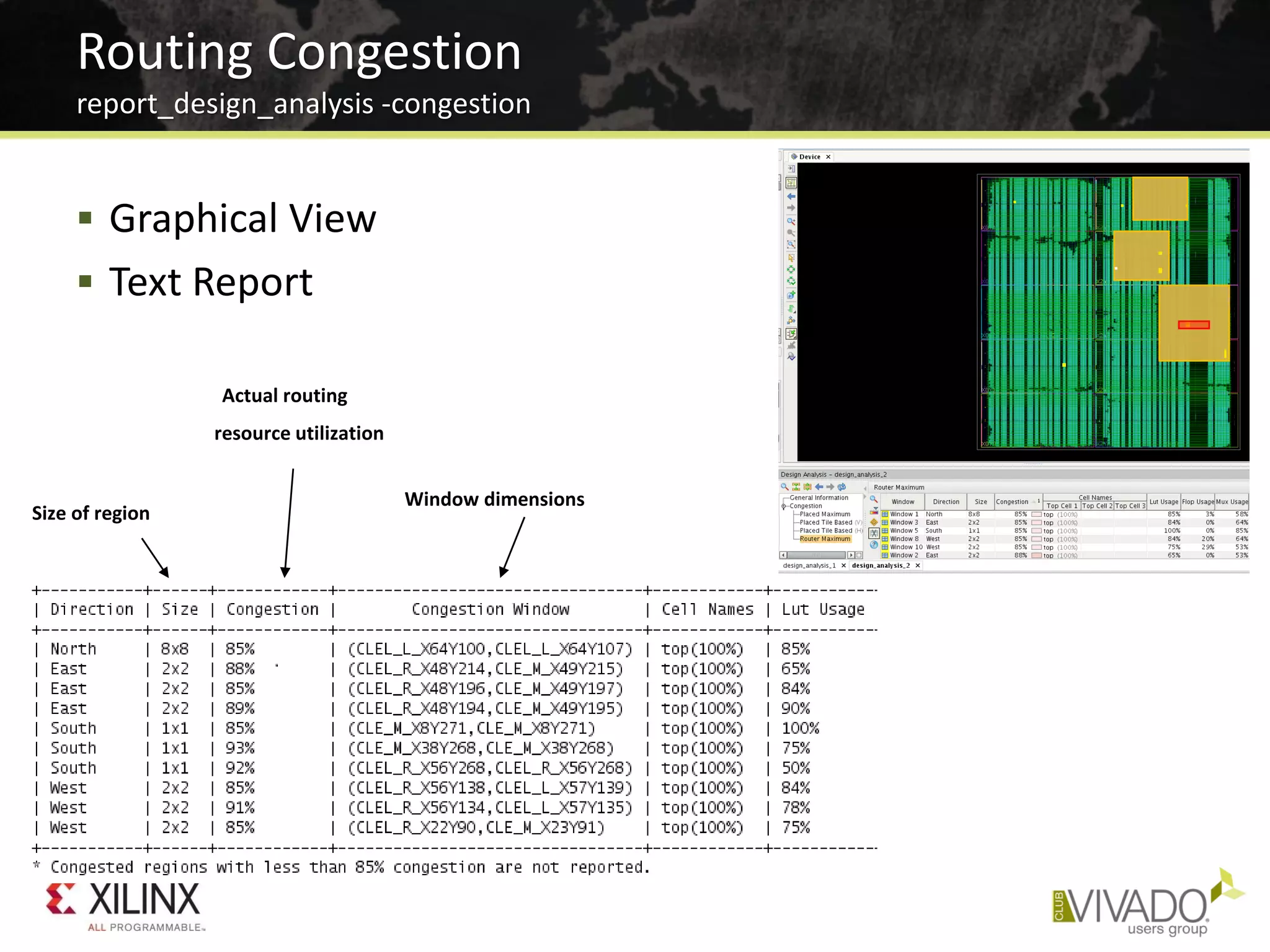  Graphical View
 Text Report
Routing Congestion
report_design_analysis -congestion
Actual routing
resource utilization
Window dimensions
Size of region
 