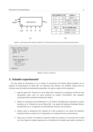 Estructura de Computadores 4
CLK RESET UP CONT ←←←←
1 X CONT ← 0
0 1 CONT ← CONT+1
0 0 CONT ← CONT
CY = Si se cumple que...
0 [CONT] ≠ 1111
1 [CONT] = 1111
(a) (b)
Figura 1. Descripción del contador módulo 16: (a) Descripción estructural, (b) Descripción funcional.
module contador_mod_16(
input clk, up, reset,
output reg [3:0] q,
output cy
);
assign cy = &q;
always @(posedge clk)
if (reset==1 )
q <= 0;
else if (up==1)
q <= q + 1;
endmodule
Código 2. Fichero contador.v
3. Estudio experimental
En esta sesión de laboratorio se va a realizar la simulación del sistema digital diseñado con el
paquete de herramientas de Xilinx ISE. Se utilizarán unos ficheros con módulos verilog tanto de
circuitos como de testbench previamente preparados. Los pasos a seguir son los siguientes:
1. Siga los pasos del “Tutorial de uso de Xilinx ISE” (incluido en la siguiente sección de este
documento), para crear un nuevo proyecto de nombre PracticaEdC1 (por ejemplo),
incluyendo todos los ficheros Verilog de la tabla 1.
2. Realice la simulación del decodificador 4 a 16 (fichero decodificador.v) siguiendo los pasos
descritos en el “Tutorial de uso de Xilinx ISE”, con ayuda del testbench facilitado (fichero
decodificador_tb.v). Compruebe si el decodificador funciona correctamente.
3. Realice ahora la simulación del contador de 4 bits (contador.v), con ayuda del testbench
facilitado (fichero contador_tb.v). Compruebe si el contador funciona correctamente.
4. Fíjese que al simular el contador no aparecen todos los estados ni la activación de la señal
de Carry. Haga los cambios oportunos en el testbench del contador para poder visualizar al
CLK q2
CY
q1 q0
CONT MOD 16RESET
UP
q3
 