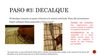 El decalque consiste en pasar el boceto a la matriz entintada. Para ello necesitamos
Papel carbónico blanco/amarillo y Goma Laca* TENER EN CUENTA:
Las impresiones que
vamos a hacer se realizan
en negativo (al revés).
SUGERENCIA: Si tu
xilografía va a tener
algún escrito pasa tu
boceto en negativo a
través de una ventana,
por ejemplo.
*La goma laca es una solución de Goma laca y alcohol. La función que cumple es de mantener las líneas del
decalque en la matriz para que no se borre mientras desbastamos.
 