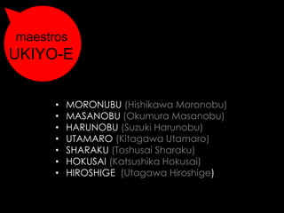 maestros
UKIYO-E


      •   MORONUBU (Hishikawa Moronobu)
      •   MASANOBU (Okumura Masanobu)
      •   HARUNOBU (Suzuki Harunobu)
      •   UTAMARO (Kitagawa Utamaro)
      •   SHARAKU (Toshusai Sharaku)
      •   HOKUSAI (Katsushika Hokusai)
      •   HIROSHIGE (Utagawa Hiroshige)
 