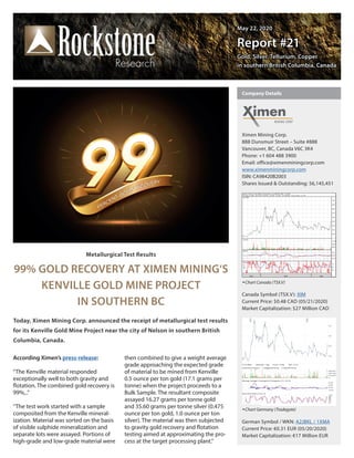 May 22, 2020May 22, 2020
Report #21Report #21
Gold, Silver, Tellurium, CopperGold, Silver, Tellurium, Copper
in southern British Columbia, Canadain southern British Columbia, Canada
Metallurgical Test Results
99% GOLD RECOVERY AT XIMEN MINING‘S
KENVILLE GOLD MINE PROJECT
IN SOUTHERN BC
According Ximen’s press-release:
“The Kenville material responded
exceptionally well to both gravity and
flotation. The combined gold recovery is
99%,..”
“The test work started with a sample
composited from the Kenville mineral-
ization. Material was sorted on the basis
of visible sulphide mineralization and
separate lots were assayed. Portions of
high-grade and low-grade material were
then combined to give a weight average
grade approaching the expected grade
of material to be mined from Kenville
0.5 ounce per ton gold (17.1 grams per
tonne) when the project proceeds to a
Bulk Sample. The resultant composite
assayed 16.27 grams per tonne gold
and 35.60 grams per tonne silver (0.475
ounce per ton gold, 1.0 ounce per ton
silver). The material was then subjected
to gravity gold recovery and flotation
testing aimed at approximating the pro-
cess at the target processing plant.”
Today, Ximen Mining Corp. announced the receipt of metallurgical test results
for its Kenville Gold Mine Project near the city of Nelson in southern British
Columbia, Canada.
Ximen Mining Corp.
888 Dunsmuir Street – Suite #888
Vancouver, BC, Canada V6C 3K4
Phone: +1 604 488 3900      
Email: office@ximenminingcorp.com
www.ximenminingcorp.com
ISIN: CA98420B2003
Shares Issued & Outstanding: 56,145,451
Chart Canada (TSX.V)
Canada Symbol (TSX.V): XIM
Current Price: $0.48 CAD (05/21/2020)
Market Capitalization: $27 Million CAD
Chart Germany (Tradegate)
German Symbol / WKN: A2JBKL / 1XMA
Current Price: €0.31 EUR (05/20/2020)
Market Capitalization: €17 Million EUR
Company Details
 