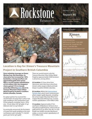 February 1, 2019
Report #6
Gold, Silver and Tellurium in
British Columbia, Canada
Location is Key for Ximen‘s Treasure Mountain
Project in Southern British Columbia
Company Details
Ximen Mining Corp.
888 Dunsmuir Street – Suite #888
Vancouver, BC, Canada V6C 3K4
Phone: +1 604 488 3900
Email: office@ximenminingcorp.com
www.ximenminingcorp.com
Shares Issued & Outstanding: 30,931,025
Canadian Symbol (TSX.V): XIM
Current Price: $0.78 CAD (01/31/2019)
Market Capitalization: $24 Million CAD
German Symbol / WKN: 1XMA / A2JBKL
Current Price: €0.501 EUR (01/31/2019)
Market Capitalization: €16 Million EUR
Chart Canada (TSX.V)
Chart Germany (Frankfurt)
Since initiating coverage on Ximen
Mining Corp. last December, its
share price has increased by 140%
backed by a strong newsflow and
appreciating gold-silver prices.
With a current market capitalization
of $24 million CAD, the company’s
shares gained 13% in Canada
yesterday following news about its
Treasure Mountain Silver & Base
Metal Property located in southern
British Columbia, Canada.
Its option partner has received the
second batch of assays from surface rock
grab sampling in the southeastern part
of the property, including“Up to 1.45%
zinc, 122 g/t silver, 0.87 g/t gold, 57 g/t
tellurium and 12.3 g/t indium”.
As previously announced, the first batch
of assays from grab sampling in the east-
northeastern part included“11.3 & 8.81
grams per tonne (g/t) gold“.
There are several reasons why the
Treasure Mountain Silver & Base Metal
Property (approximately 9,500 hectares)
is attractive, among others:
A) Location: A 3 hour drive from
Vancouver and a few hours drive from
Ximen’s other projects (Brett and Gold
Drop) in southern British Columbia.
B) Location: Within the Intermontane
Tectonic Belt, which hosts numerous por-
phyry copper-(gold) deposits, including
the active Copper Mountain Mine from
Copper Mountain Mining Corp. (current
market capitalization: $164 million CAD).
C) Location: Approximately 37 km
southwest of Westhaven Ventures Inc.‘s
Shovelnose Gold Property, where 8.95 g/t
gold and 65.47 g/t silver over 46.2 m core
length was drilled recently. Westhaven
enjoys a current market capitalization of
$73 million CAD.
 