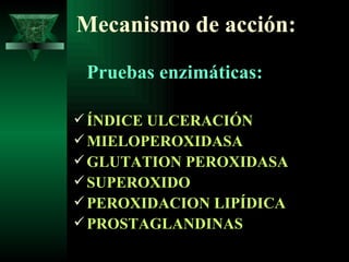Mecanismo de acción: Pruebas enzimáticas: ÍNDICE ULCERACIÓN MIELOPEROXIDASA GLUTATION PEROXIDASA SUPEROXIDO PEROXIDACION LIPÍDICA PROSTAGLANDINAS 