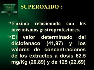 SUPEROXIDO :   Enzima relacionada con los mecanismos gastroprotectores. El valor determinado del diclofenaco ( 41,97 ) y los valores de concentraciones de los extractos a dosis 62.5 mg/Kg ( 20,89 ) y de 125 ( 22,69 ) 
