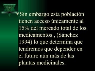 Sin embargo esta población tienen acceso únicamente al 15% del mercado total de los medicamentos , (Sánchez 1994) lo que determina que tendremos que depender en el futuro aún más de las plantas medicinales . 