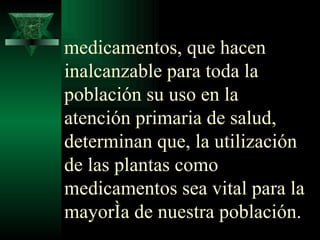 medicamentos, que hacen inalcanzable para toda la población su uso en la atención primaria de salud, determinan que, la utilización de las plantas como medicamentos sea vital para la mayoría de nuestra población. 