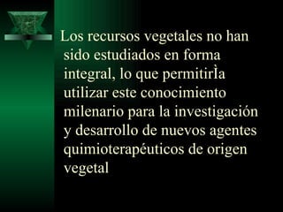Los recursos vegetales no han sido estudiados en forma integral, lo que permitiría   utilizar este conocimiento milenario para la investigación y desarrollo de nuevos agentes quimioterapéuticos de origen vegetal   