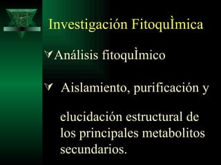 Investigación Fitoquímica Análisis fitoquímico   Aislamiento, purificación y  elucidación estructural de los principales metabolitos  secundarios.  